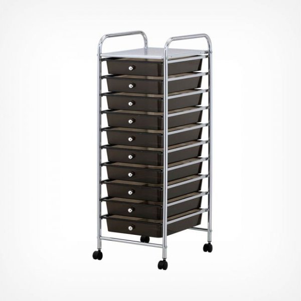 10 Drawer Mobile Storage Trolley Black & Chrome 395x390x980mm | Adexa G131